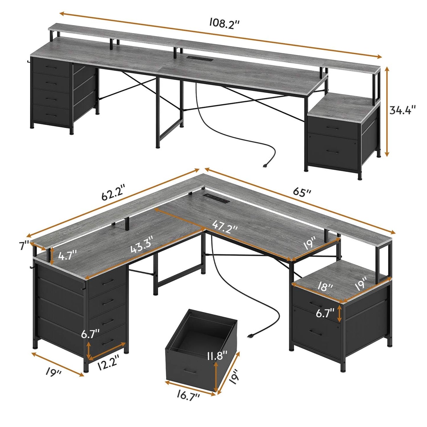 108 Inches LED 2 Person Gaming Desk Grey