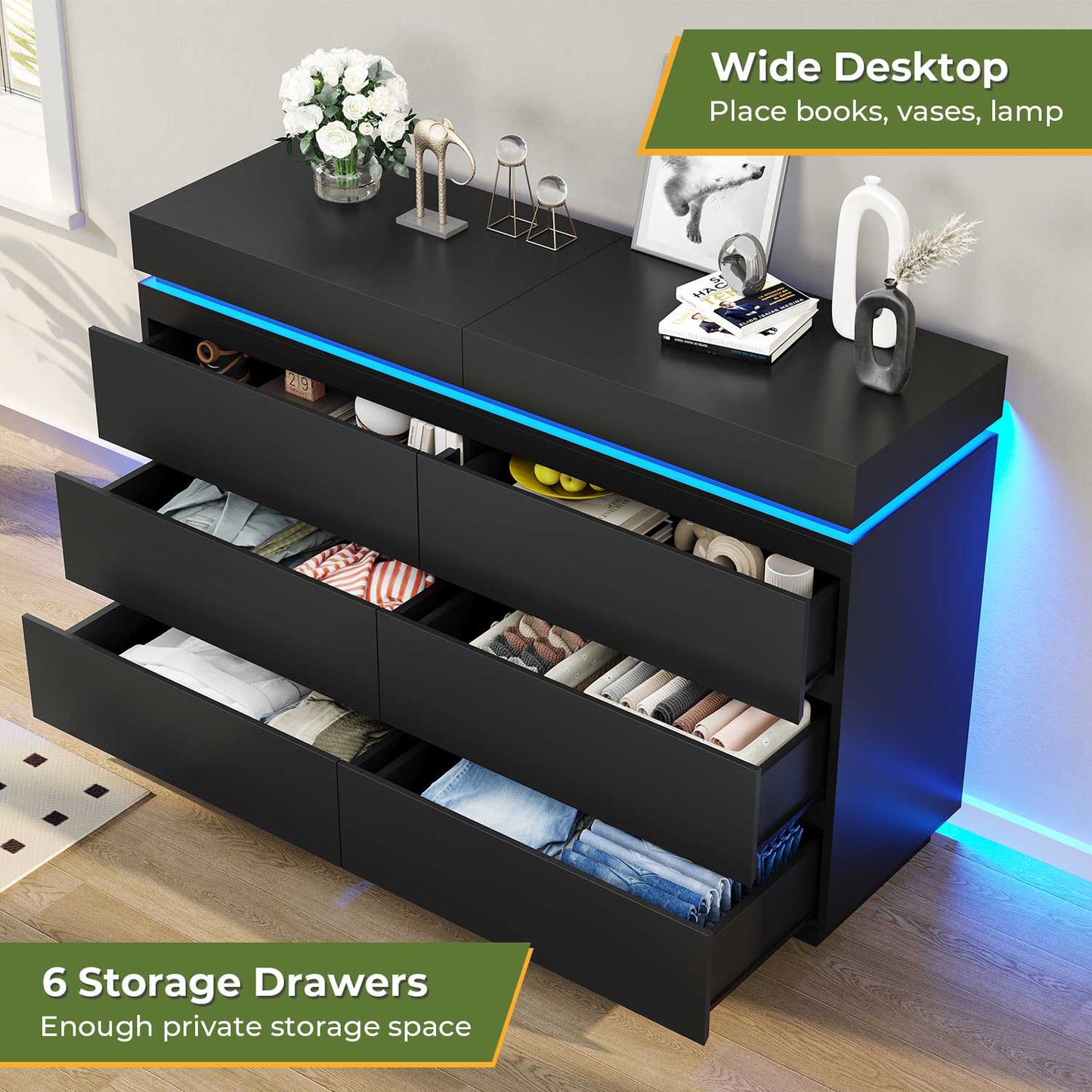 Wide Dresser with LED Lights 6 Drawers Black