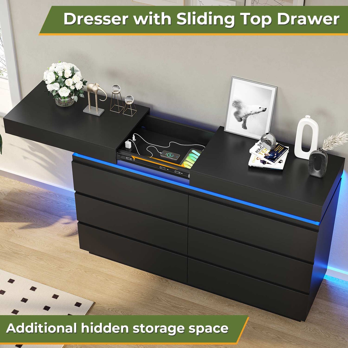 Wide Dresser with LED Lights 6 Drawers Black
