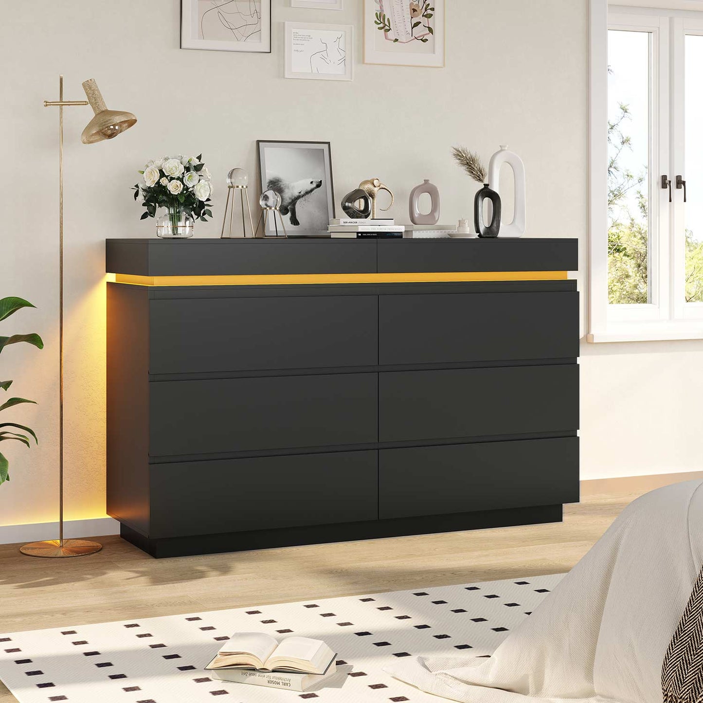 Wide Dresser with LED Lights 6 Drawers Black