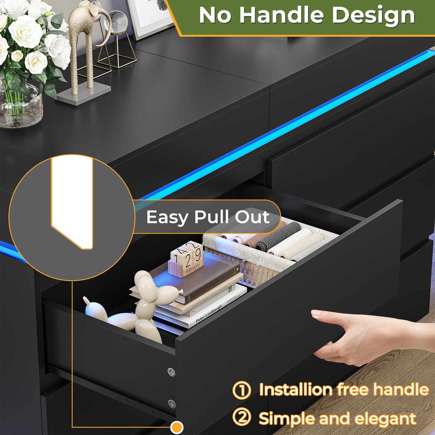 Wide Dresser with LED Lights 6 Drawers Black