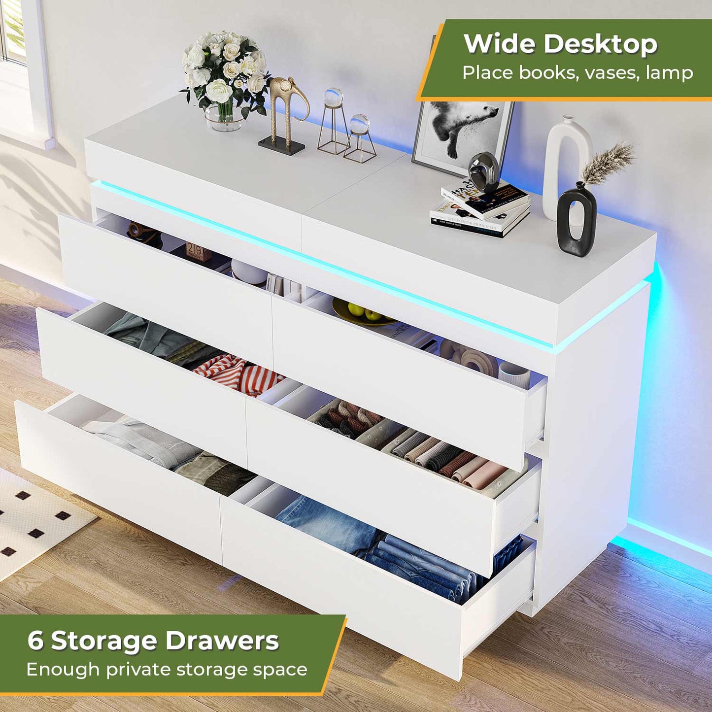 Wide Dresser with LED Lights 6 Drawers White