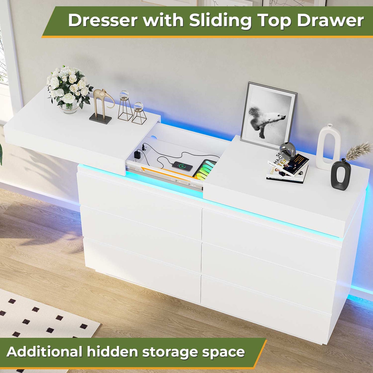 Wide Dresser with LED Lights 6 Drawers White