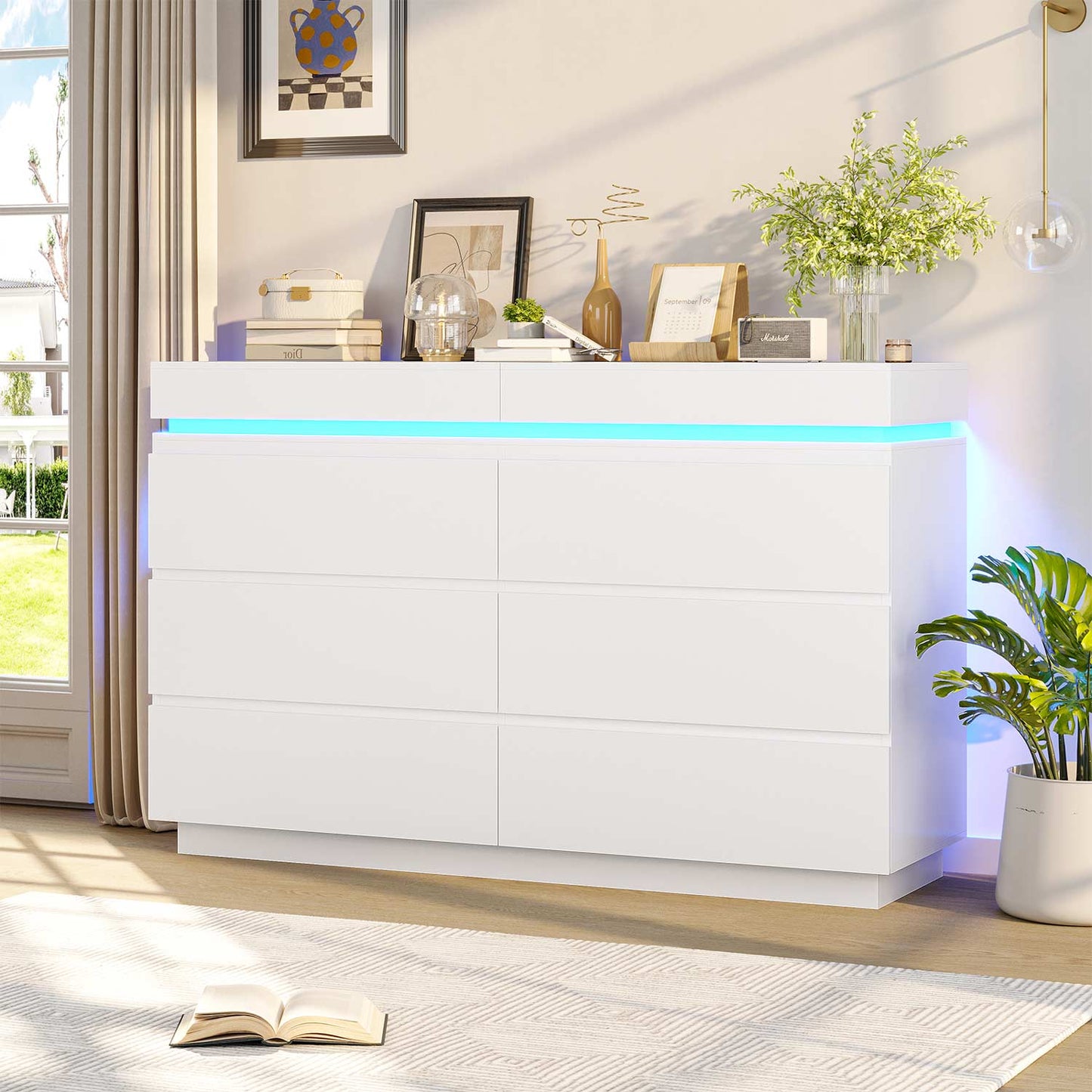Wide Dresser with LED Lights 6 Drawers White