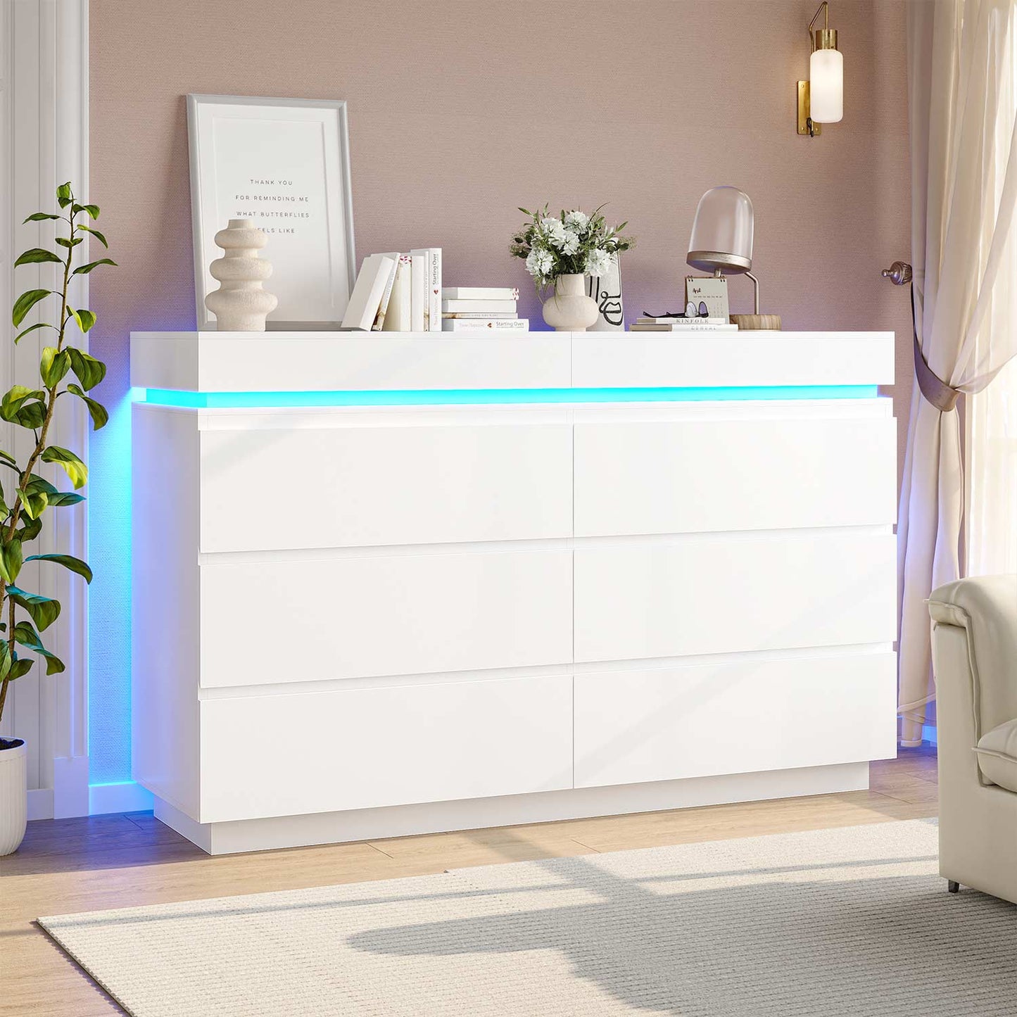 Wide Dresser with LED Lights 6 Drawers White