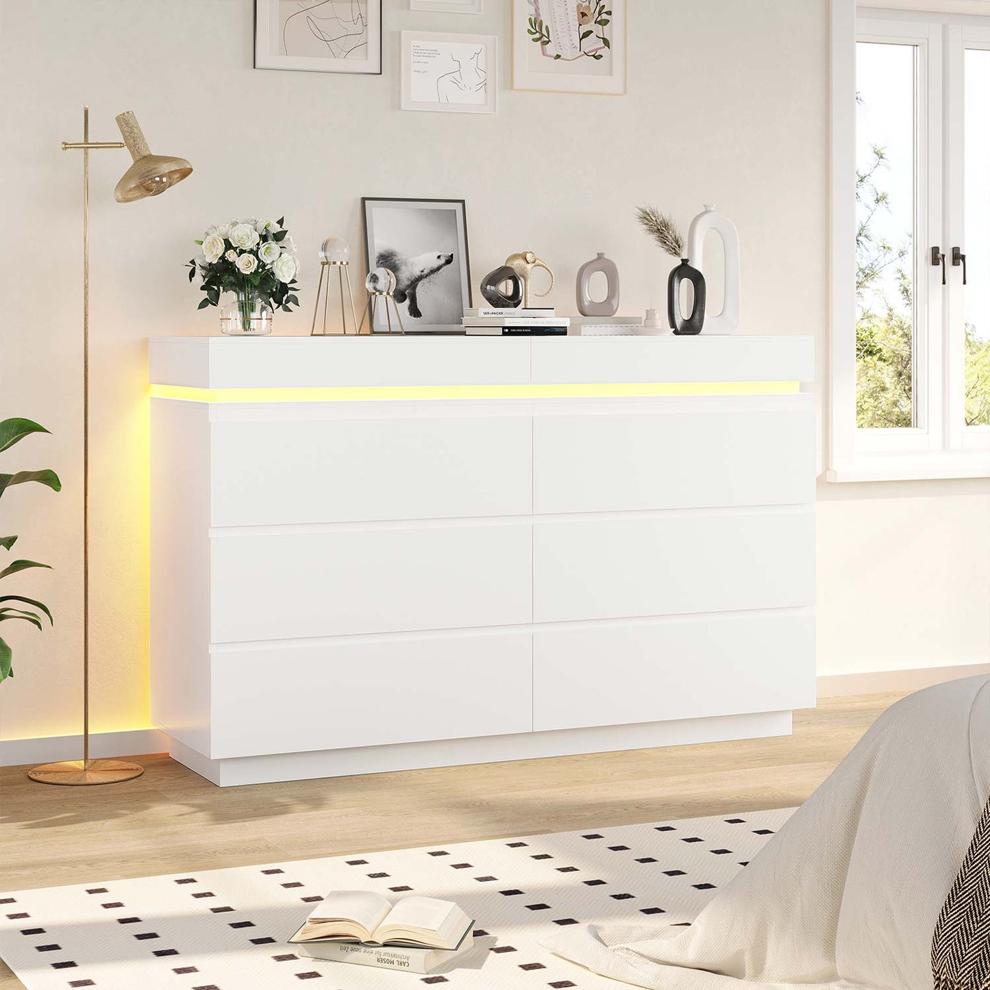 Wide Dresser with LED Lights 6 Drawers White