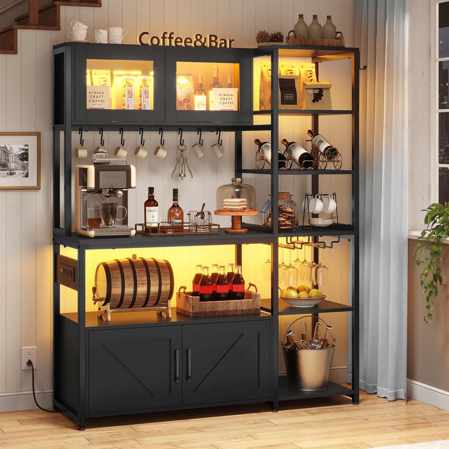45.3 Inches Farmhouse Coffee Bar with Power Outlet Black