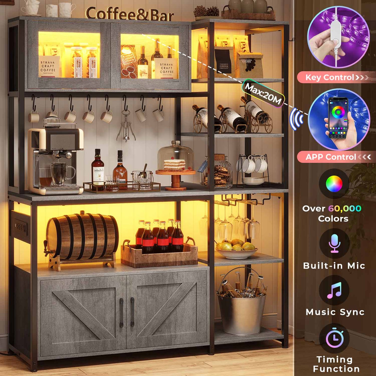 45.3 Inches Farmhouse Coffee Bar with Power Outlet Grey