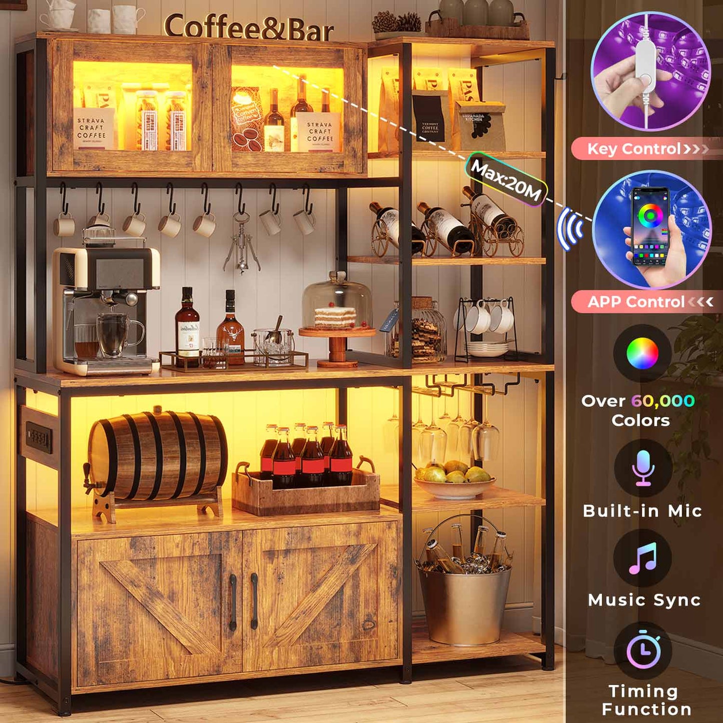 45.3 Inches Farmhouse Coffee Bar with Power Outlet Brown