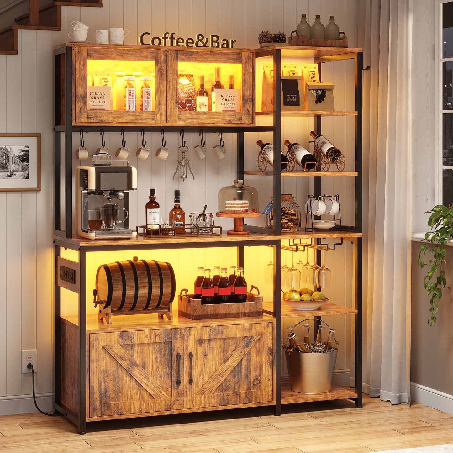 45.3 Inches Farmhouse Coffee Bar with Power Outlet Brown