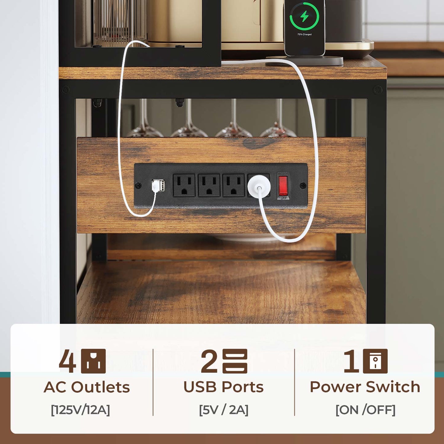 45.3 Inches Farmhouse Coffee Bar with Power Outlet Brown