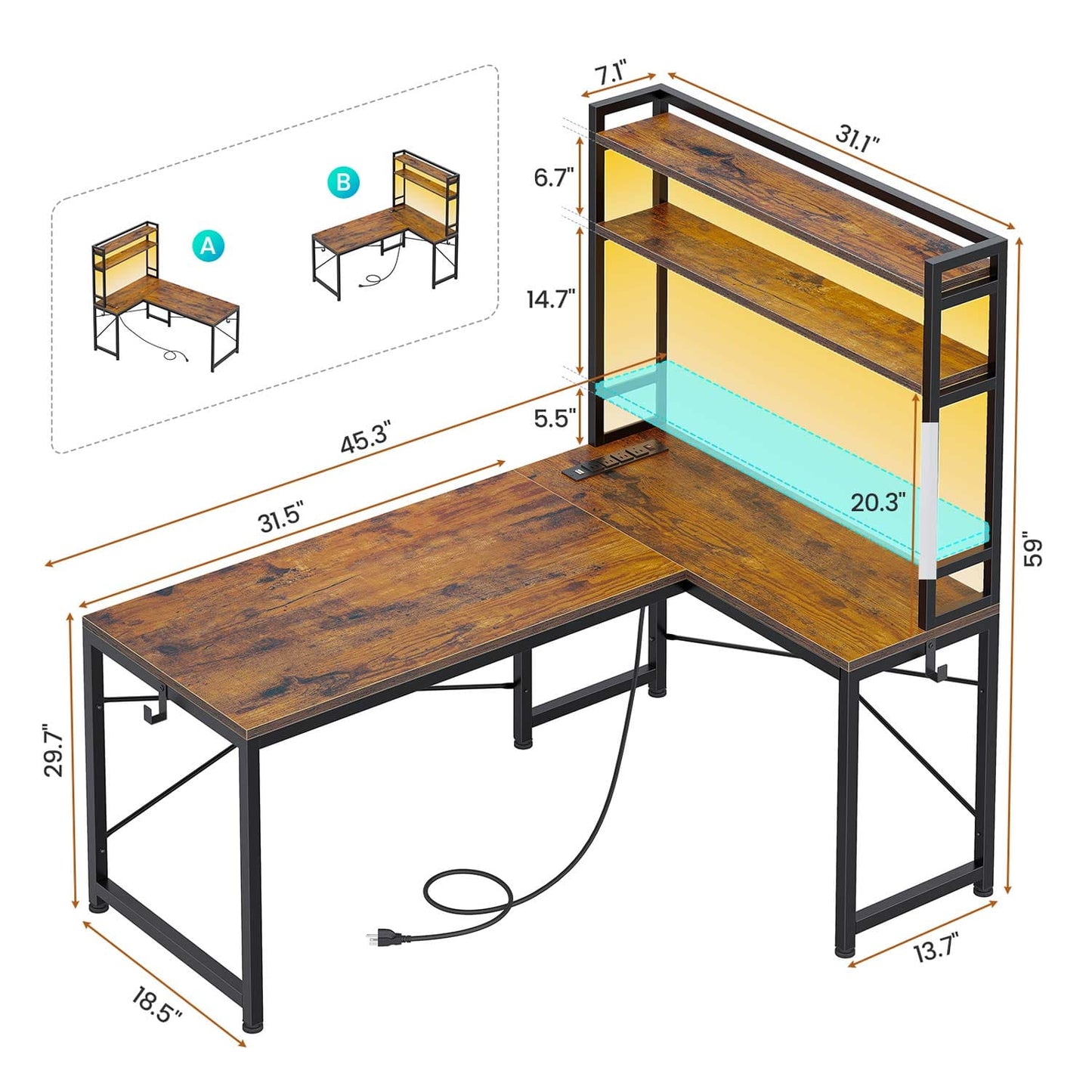 45.3 Inches LED Reversible Gaming Desk Brown