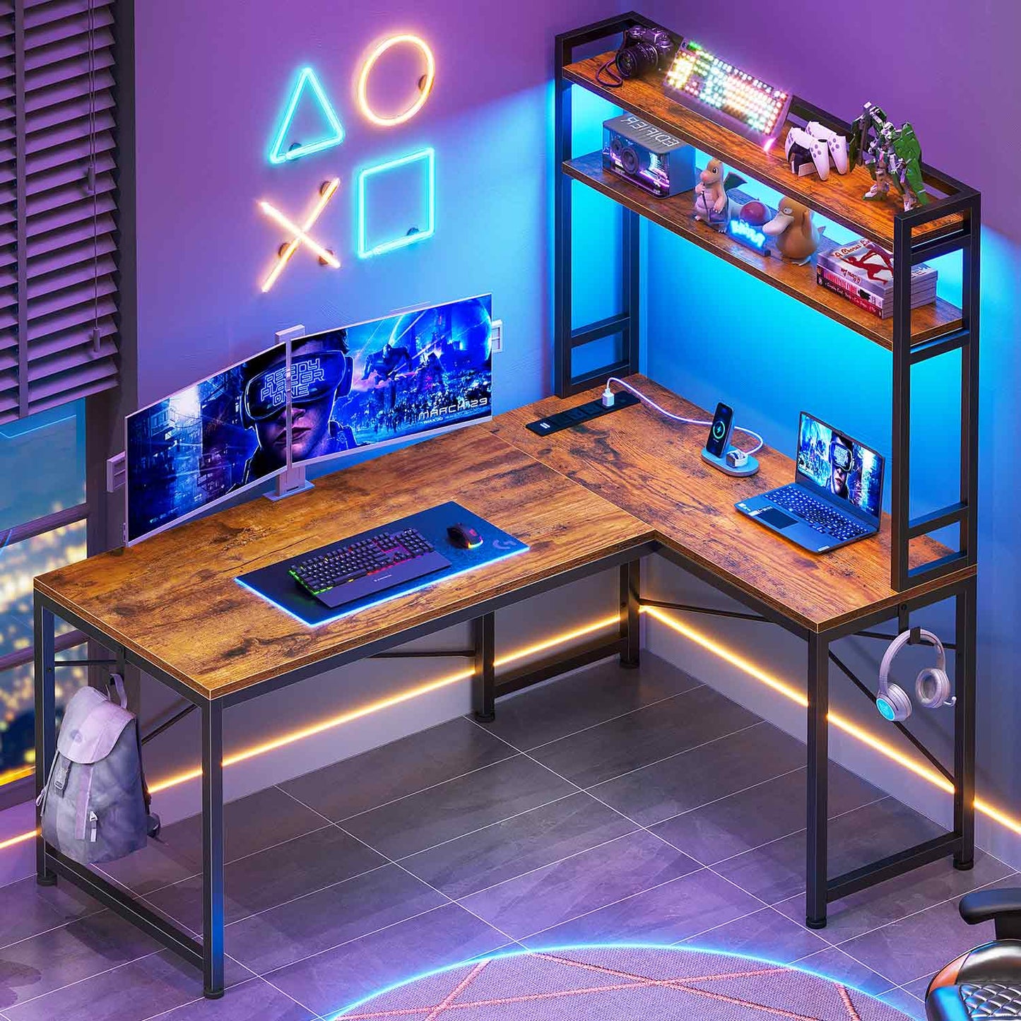 45.3 Inches LED Reversible Gaming Desk Brown