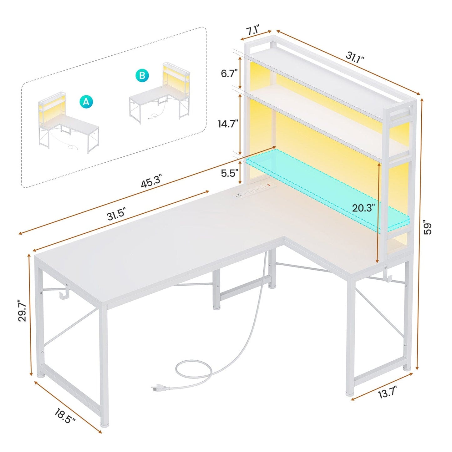 45.3 Inches LED Reversible Gaming Desk White