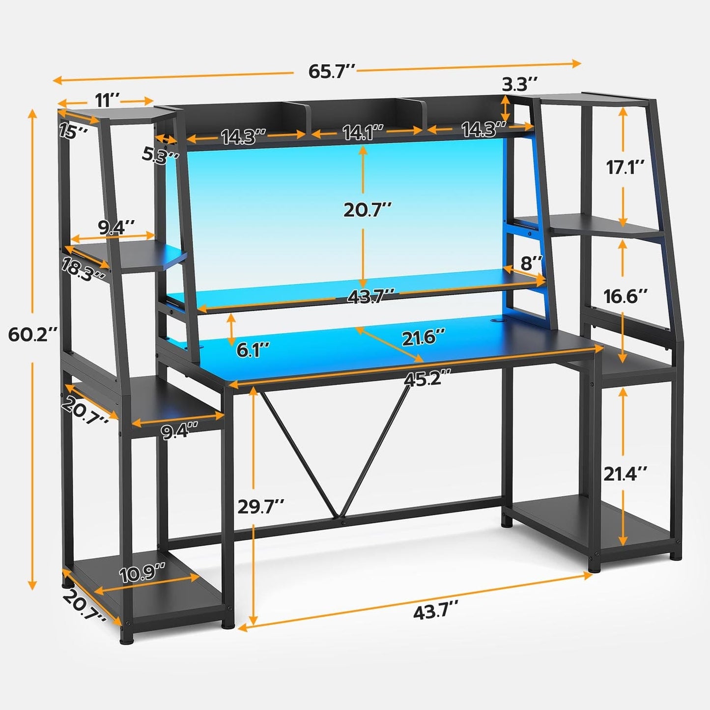 65.7 Inches LED Gaming Desk Black