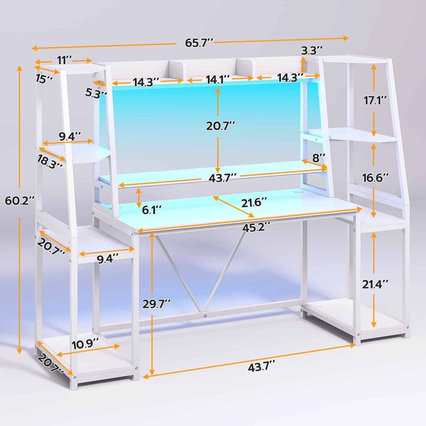65.7 Inches LED Gaming Desk White