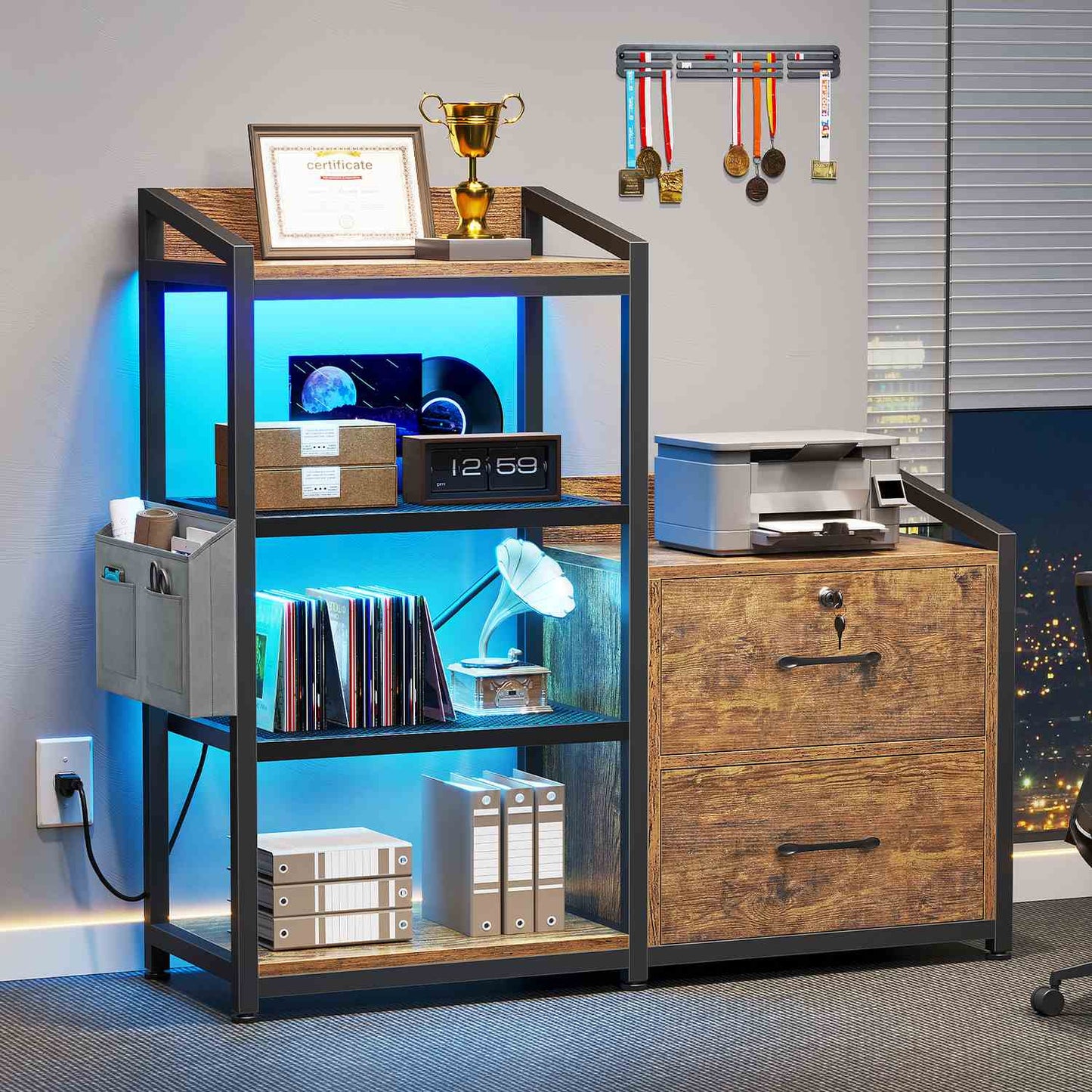 35.4 inches LED File Cabinet Brown