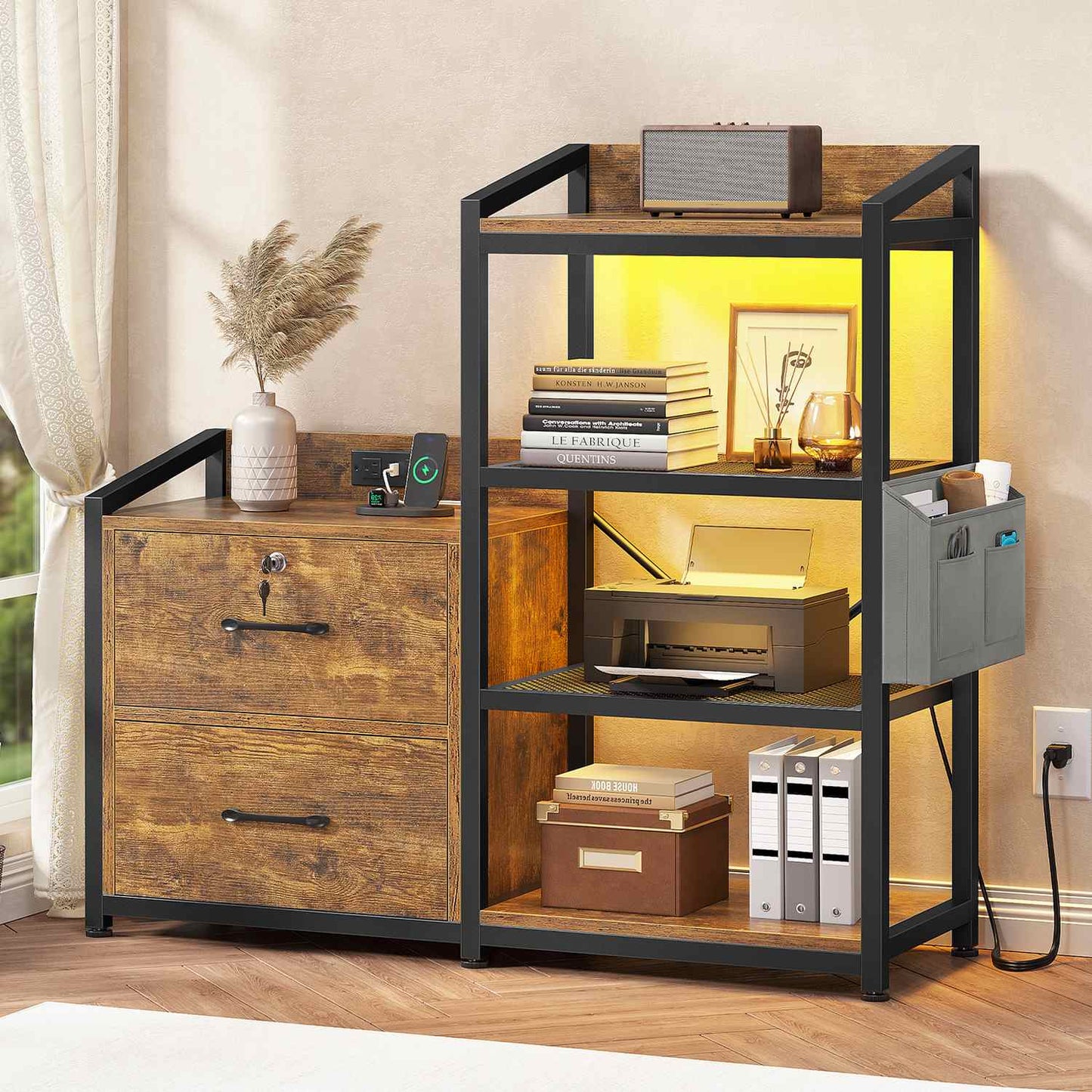 35.4 inches LED File Cabinet Brown