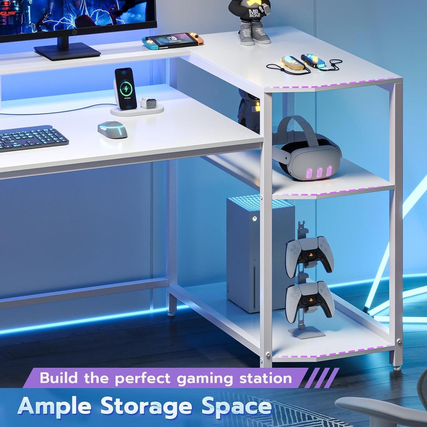 55 Inches PC Gaming Desk with Storage Shelves White