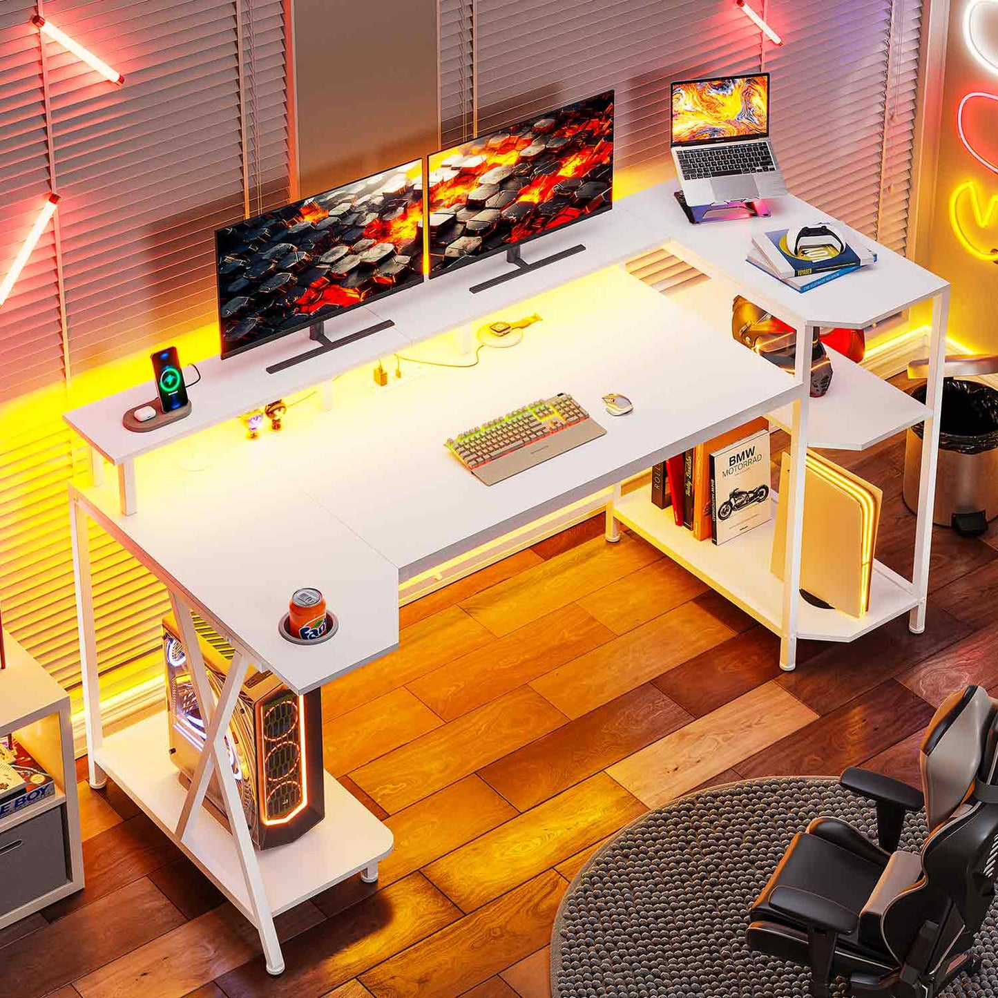 55 Inches PC Gaming Desk with Storage Shelves White