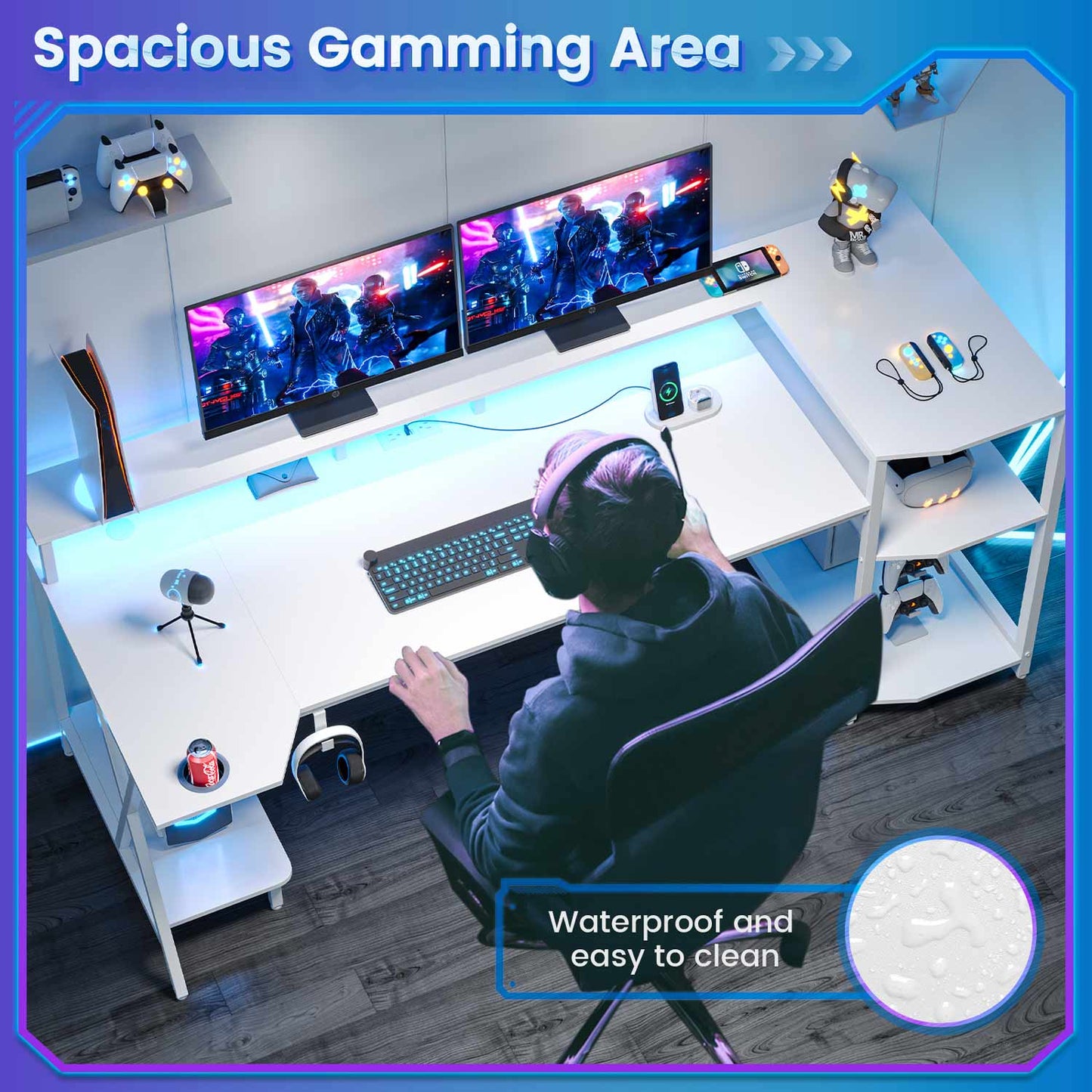 55 Inches PC Gaming Desk with Storage Shelves White