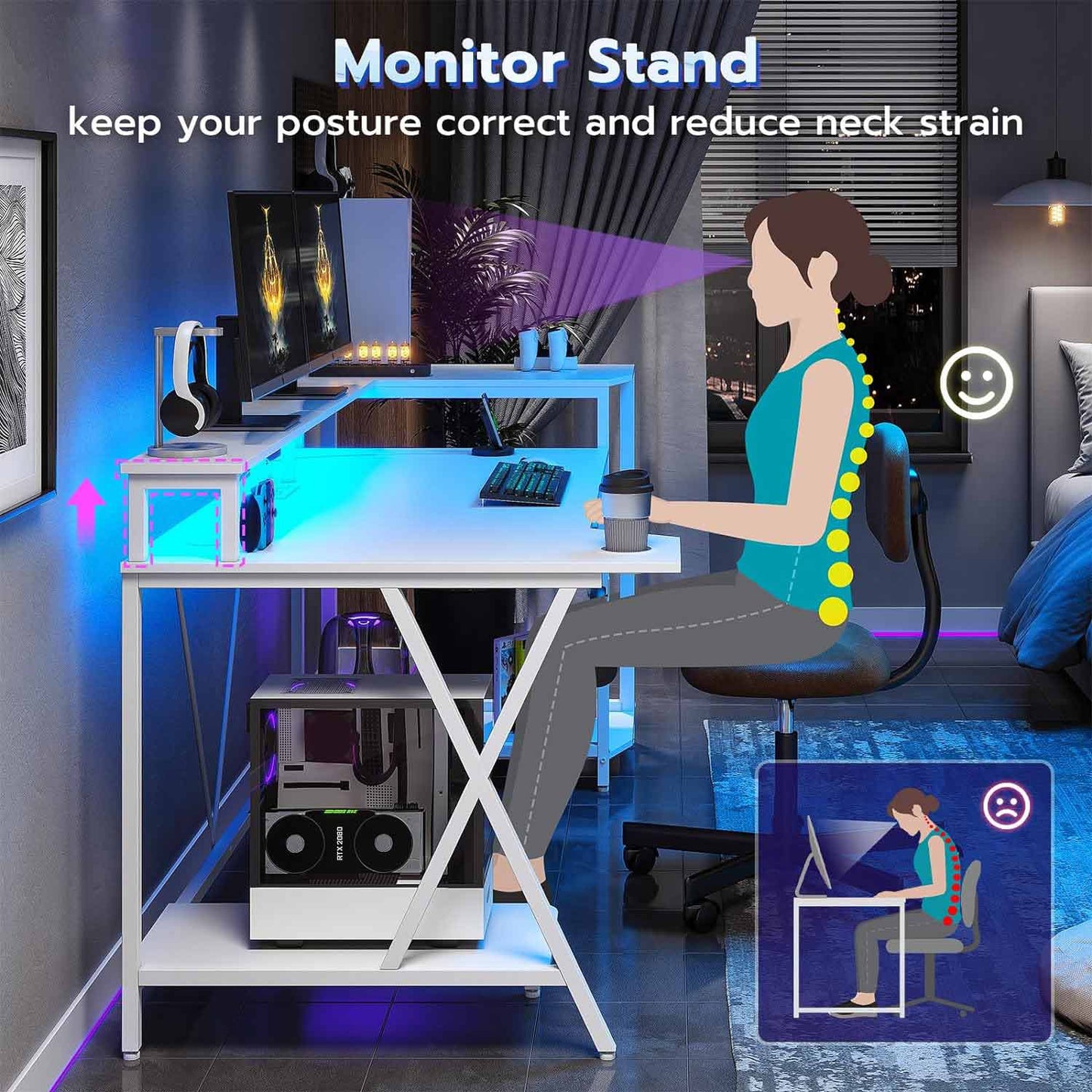 55 Inches PC Gaming Desk with Storage Shelves White