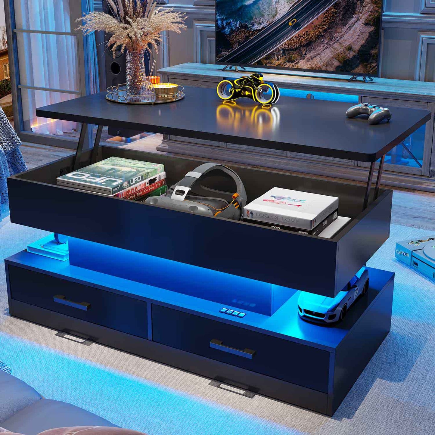40 Inches Lift Top Coffee Table with 2 Drawers and LED Lights Black