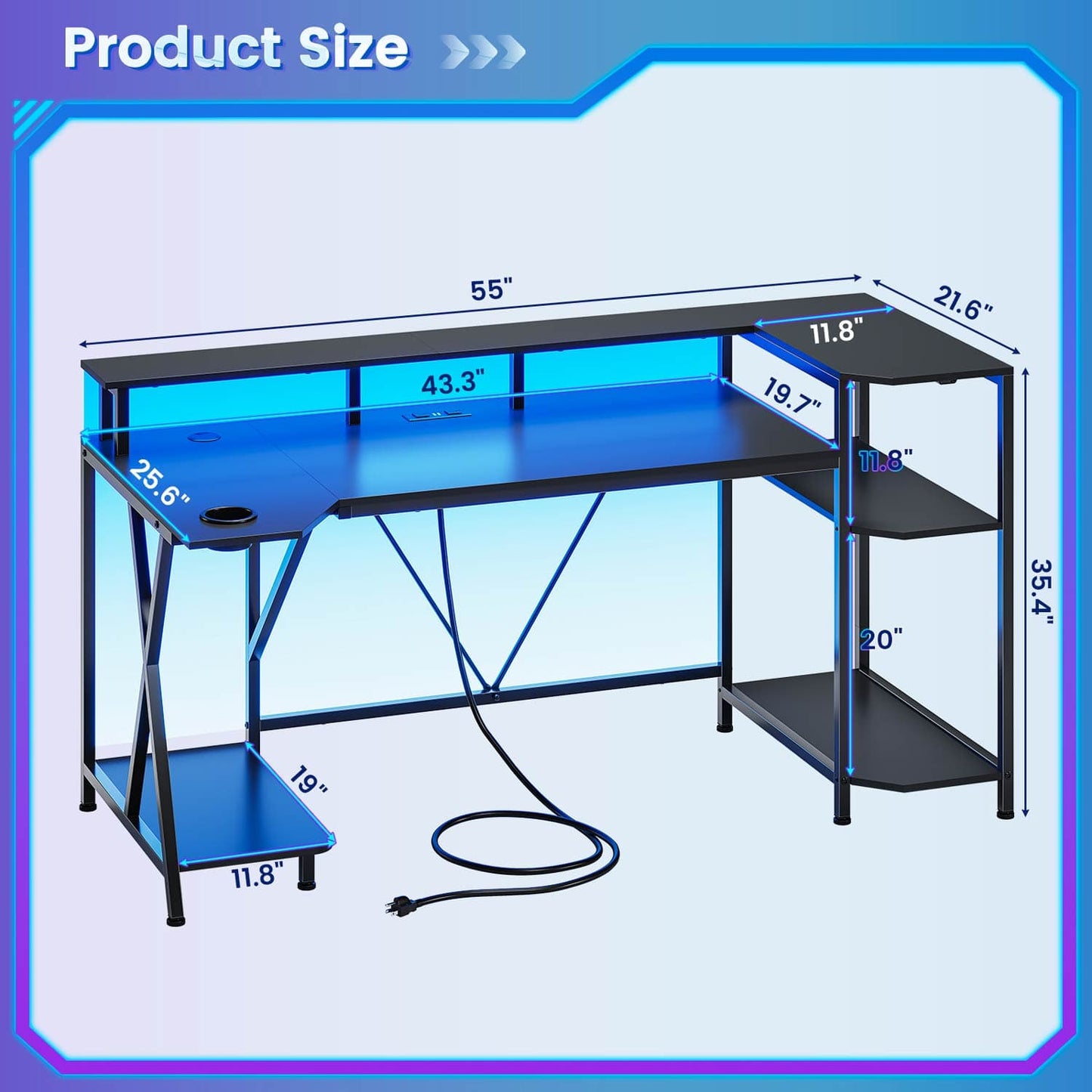 55 Inches PC Gaming Desk with Storage Shelves Black