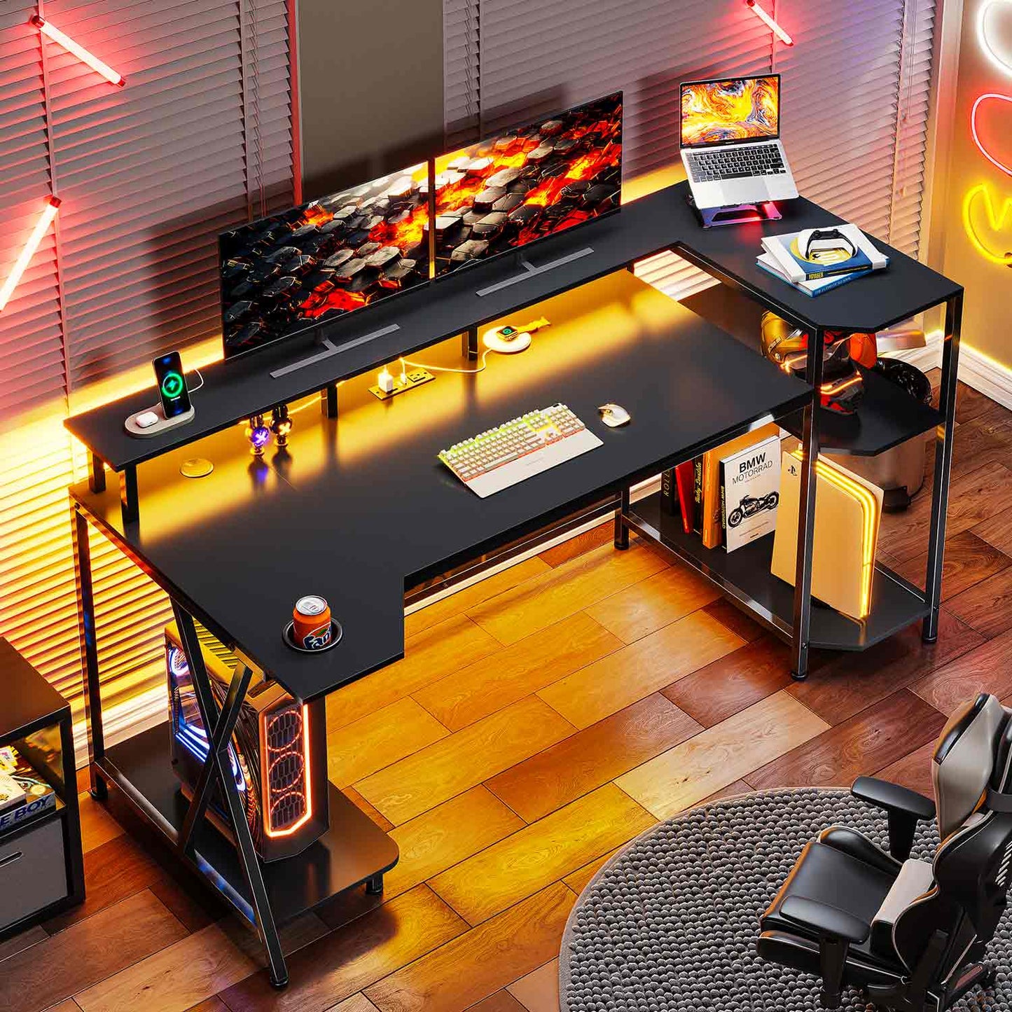 55 Inches PC Gaming Desk with Storage Shelves Black