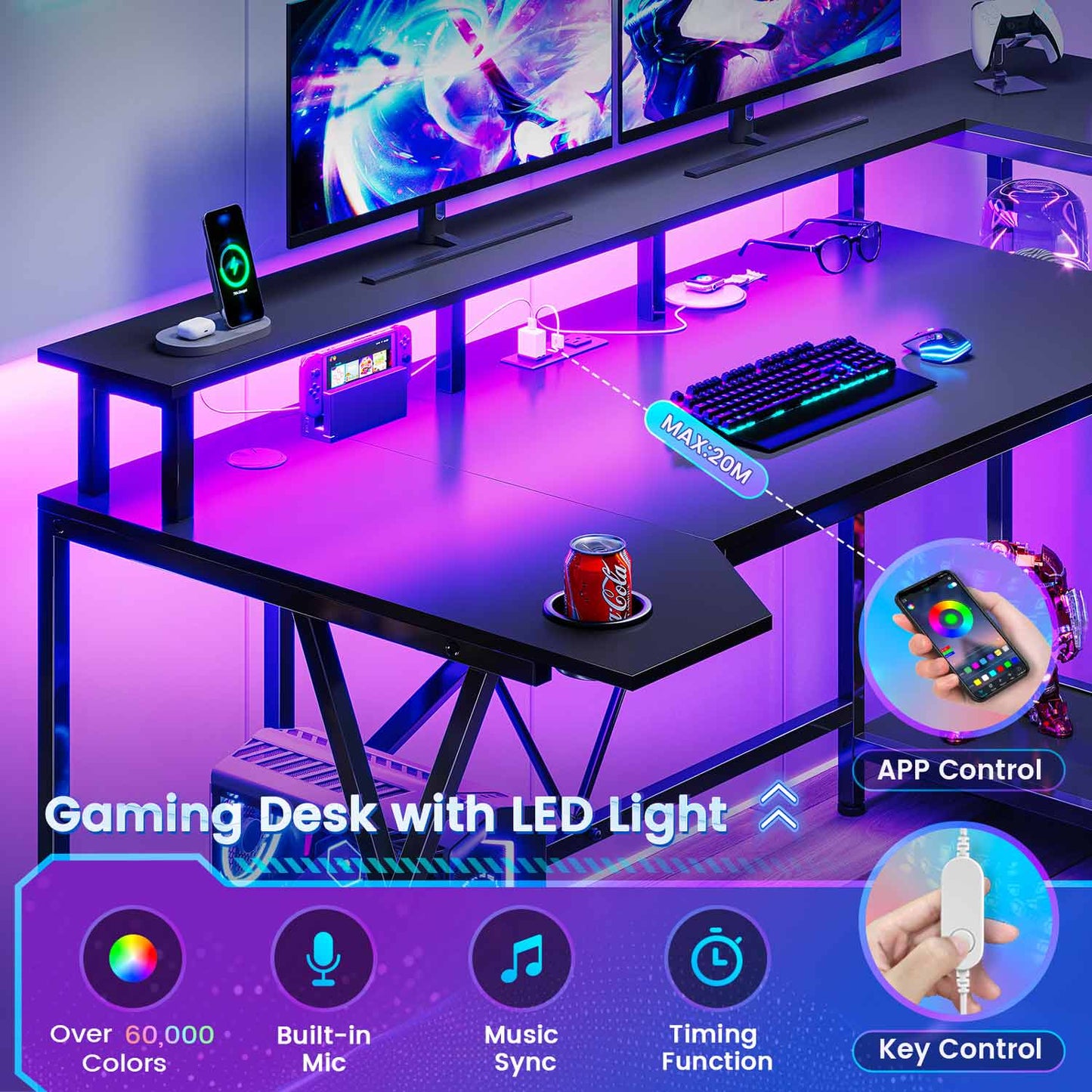 55 Inches PC Gaming Desk with Storage Shelves Black