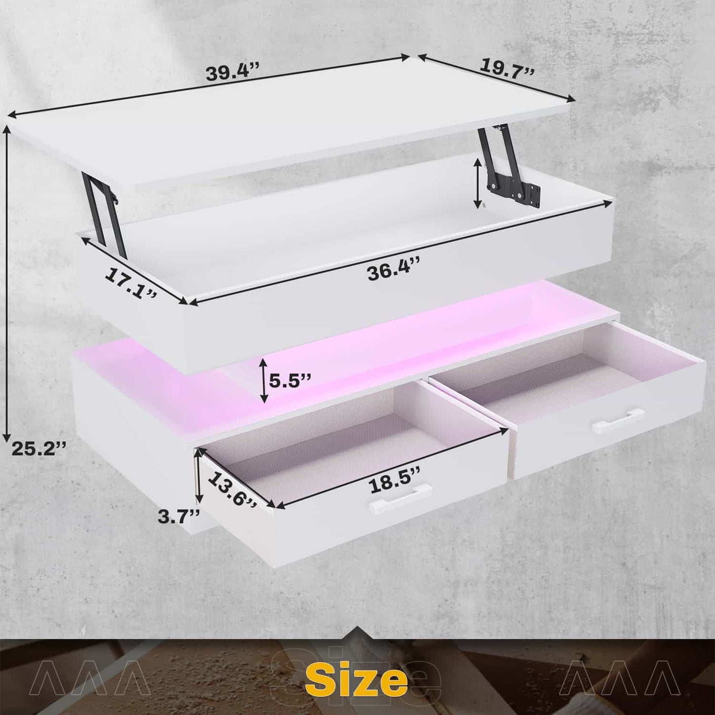 40 Inches Lift Top Coffee Table with 2 Drawers and LED Lights White