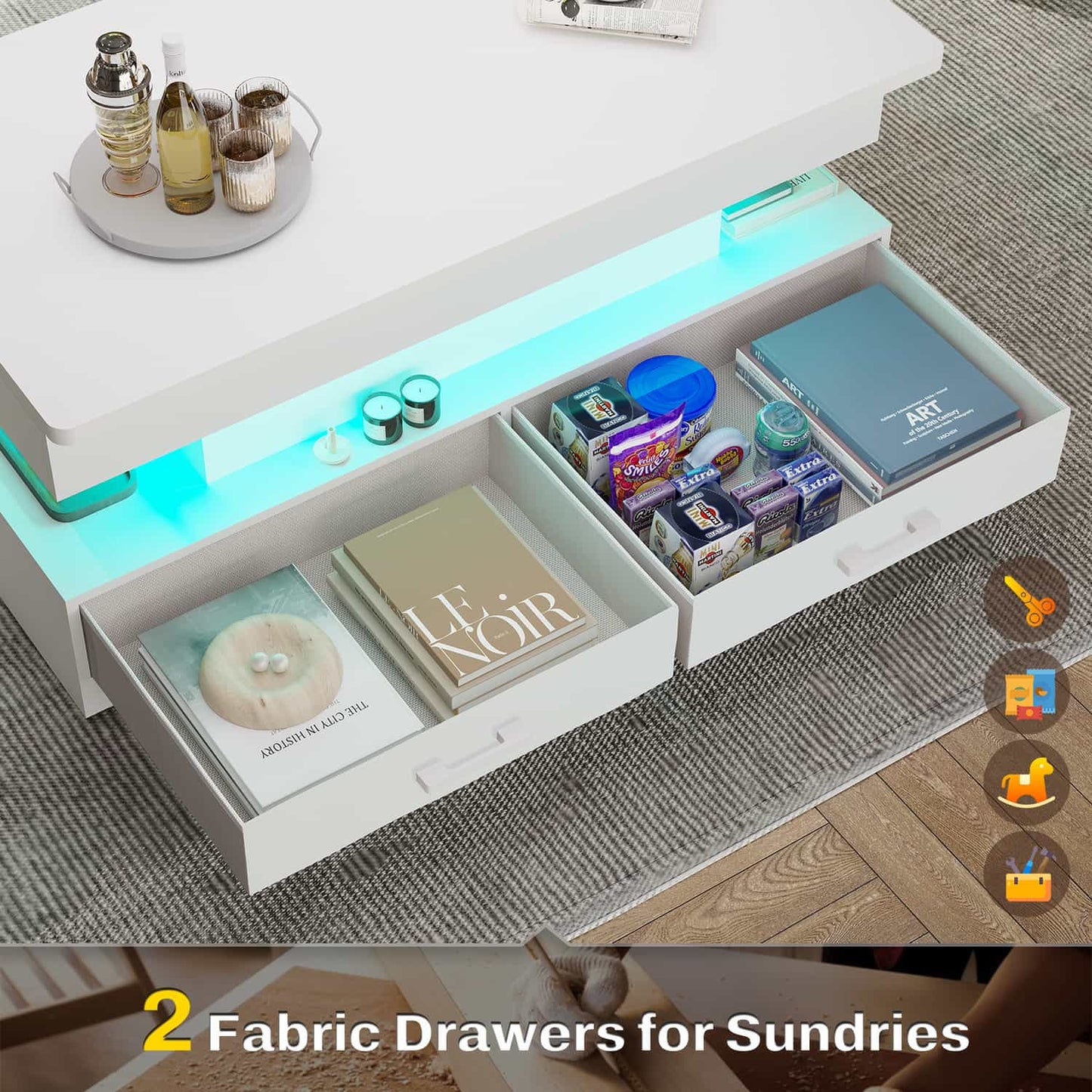 40 Inches Lift Top Coffee Table with 2 Drawers and LED Lights White