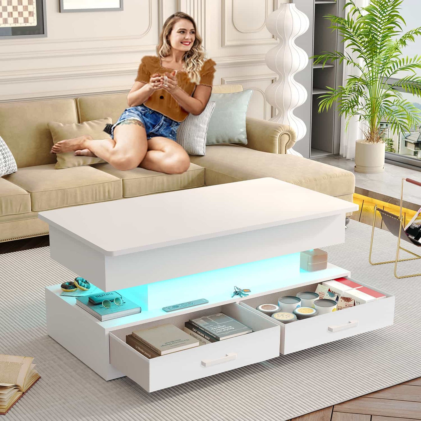 40 Inches Lift Top Coffee Table with 2 Drawers and LED Lights White