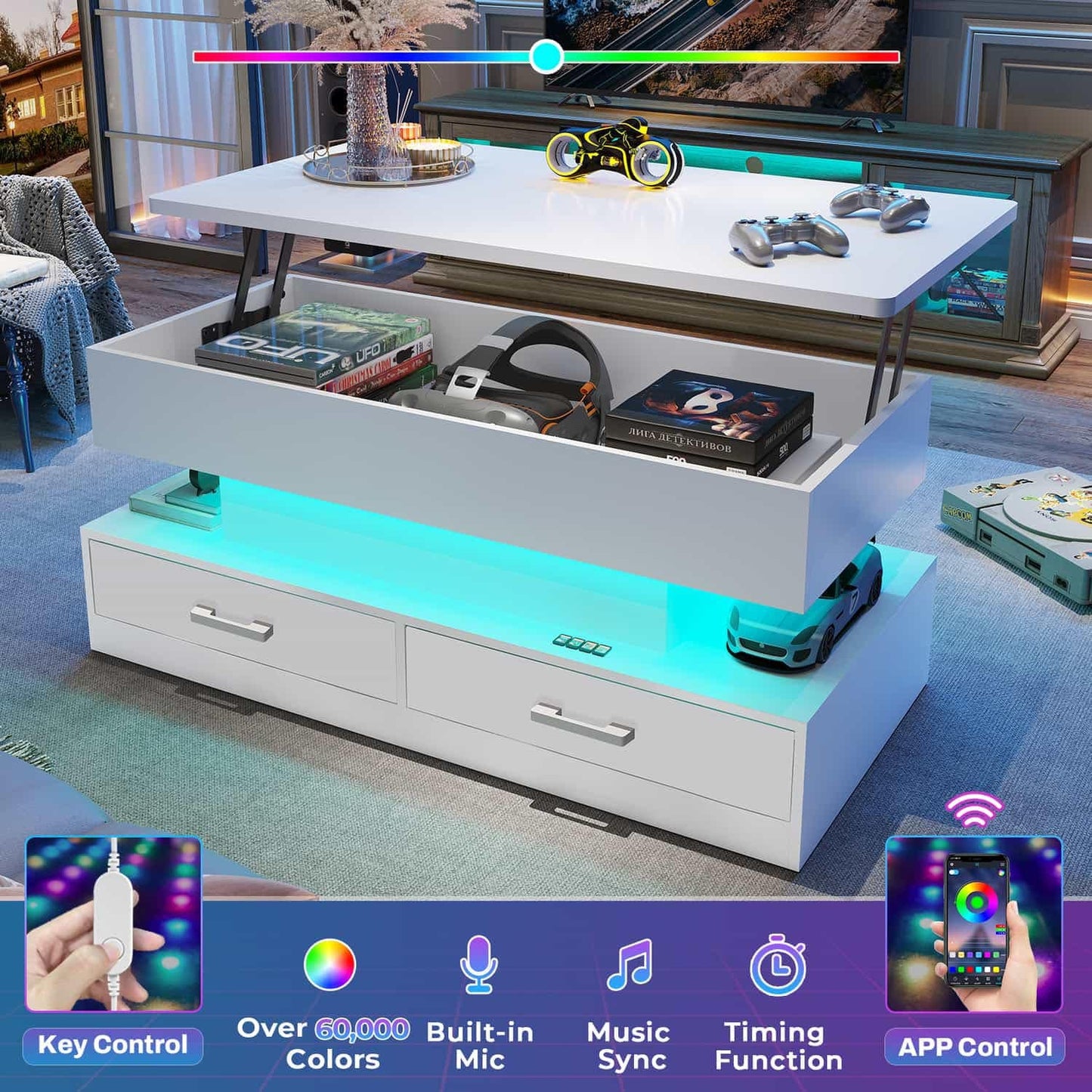 40 Inches Lift Top Coffee Table with 2 Drawers and LED Lights White