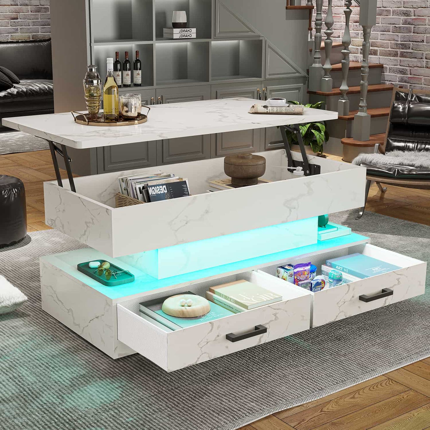 40 Inches Lift Top Coffee Table with 2 Drawers and LED Lights White Marble