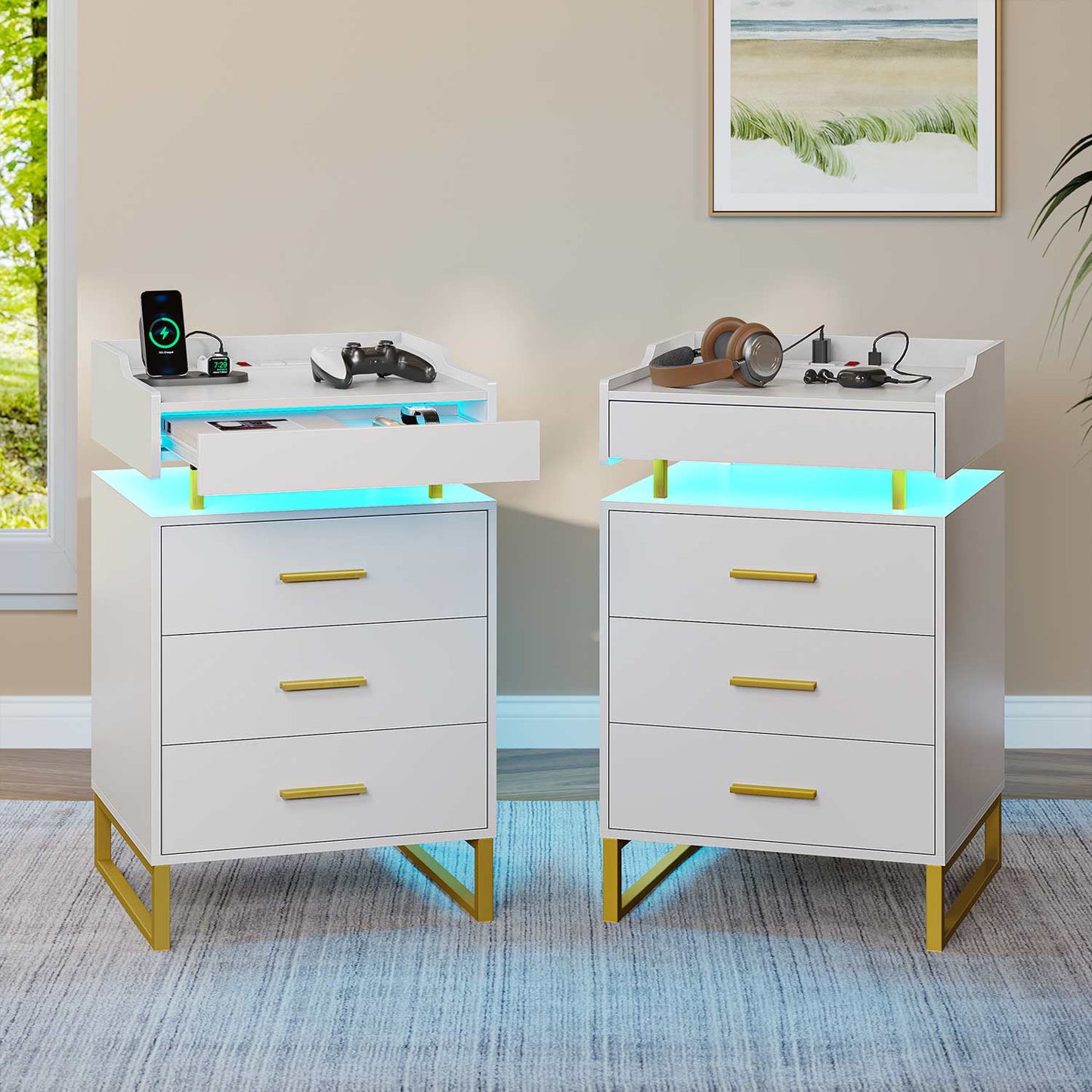 LED Nightstand with 3 Storage Drawers White