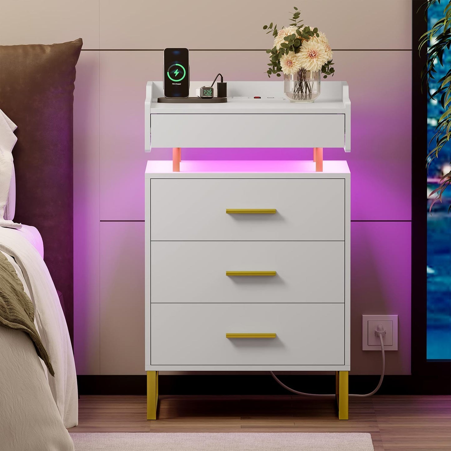 LED Nightstand with 3 Storage Drawers White