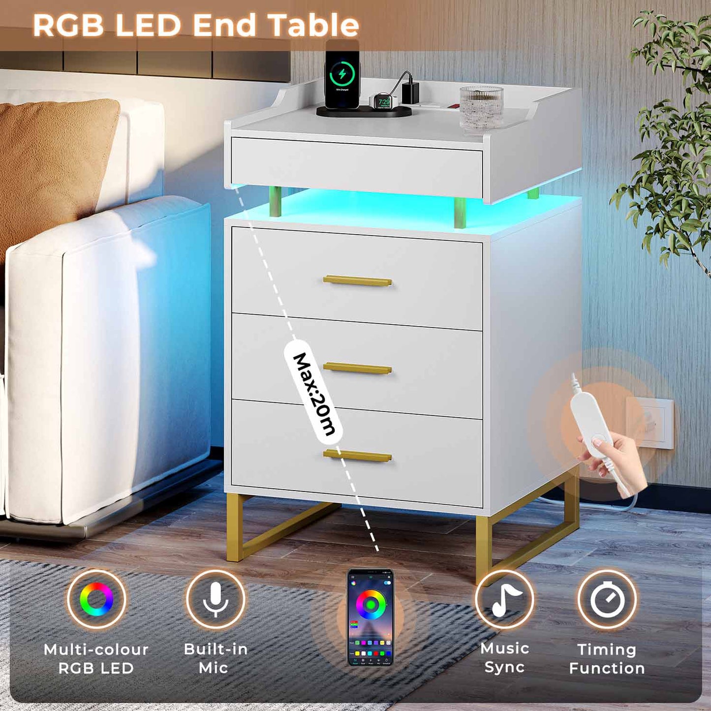 LED Nightstand with 3 Storage Drawers White