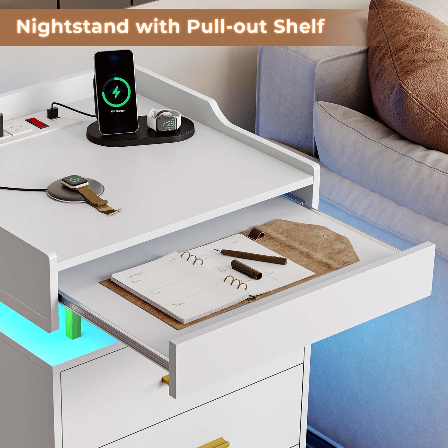 LED Nightstand with 3 Storage Drawers White