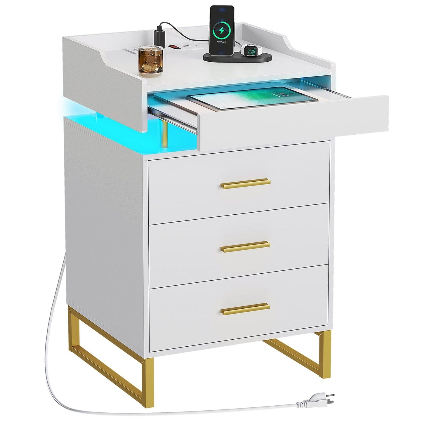 LED Nightstand with 3 Storage Drawers White