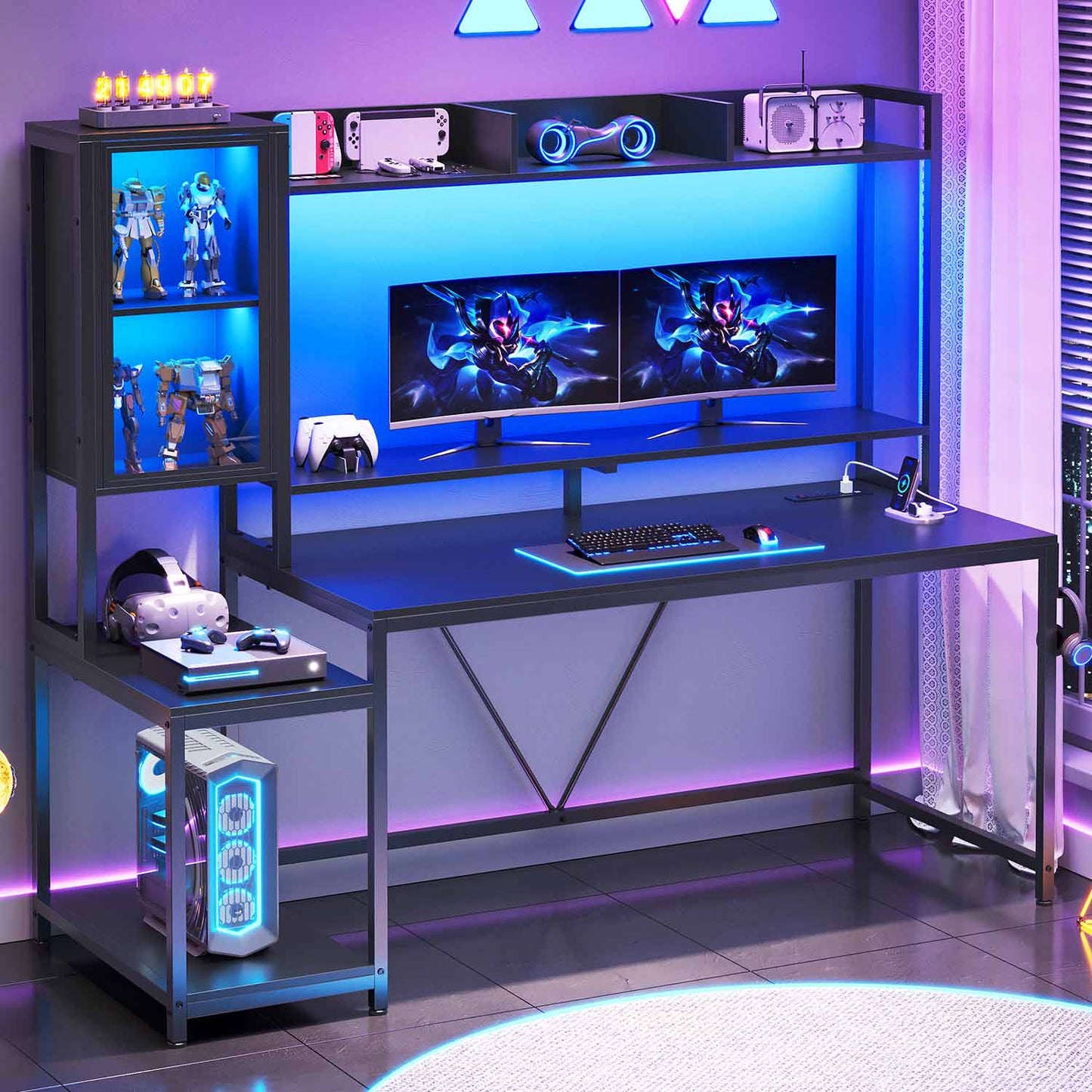 60 Inches LED Gaming Desk With Power Outlet Black