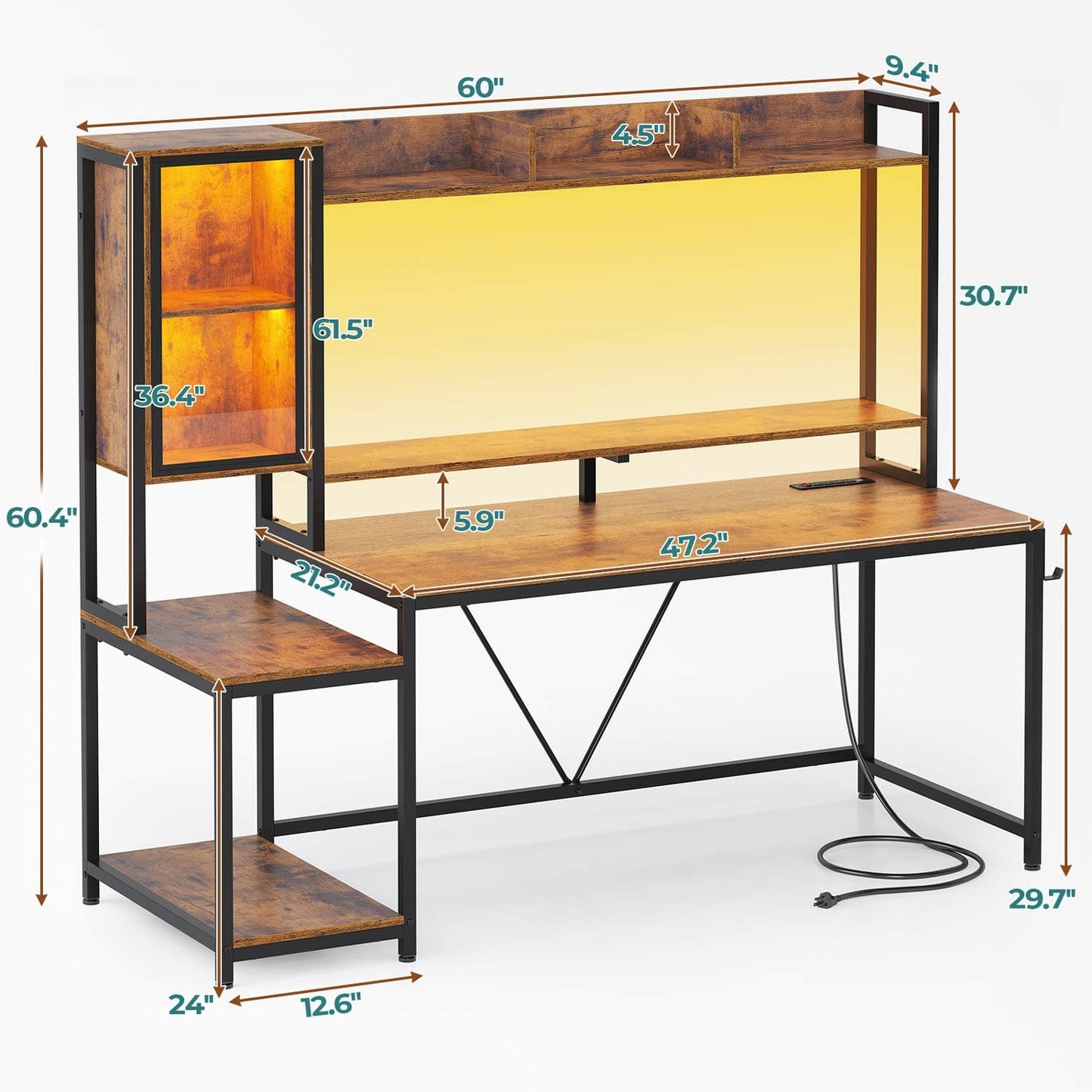 60 Inches LED Gaming Desk With Power Outlet Brown