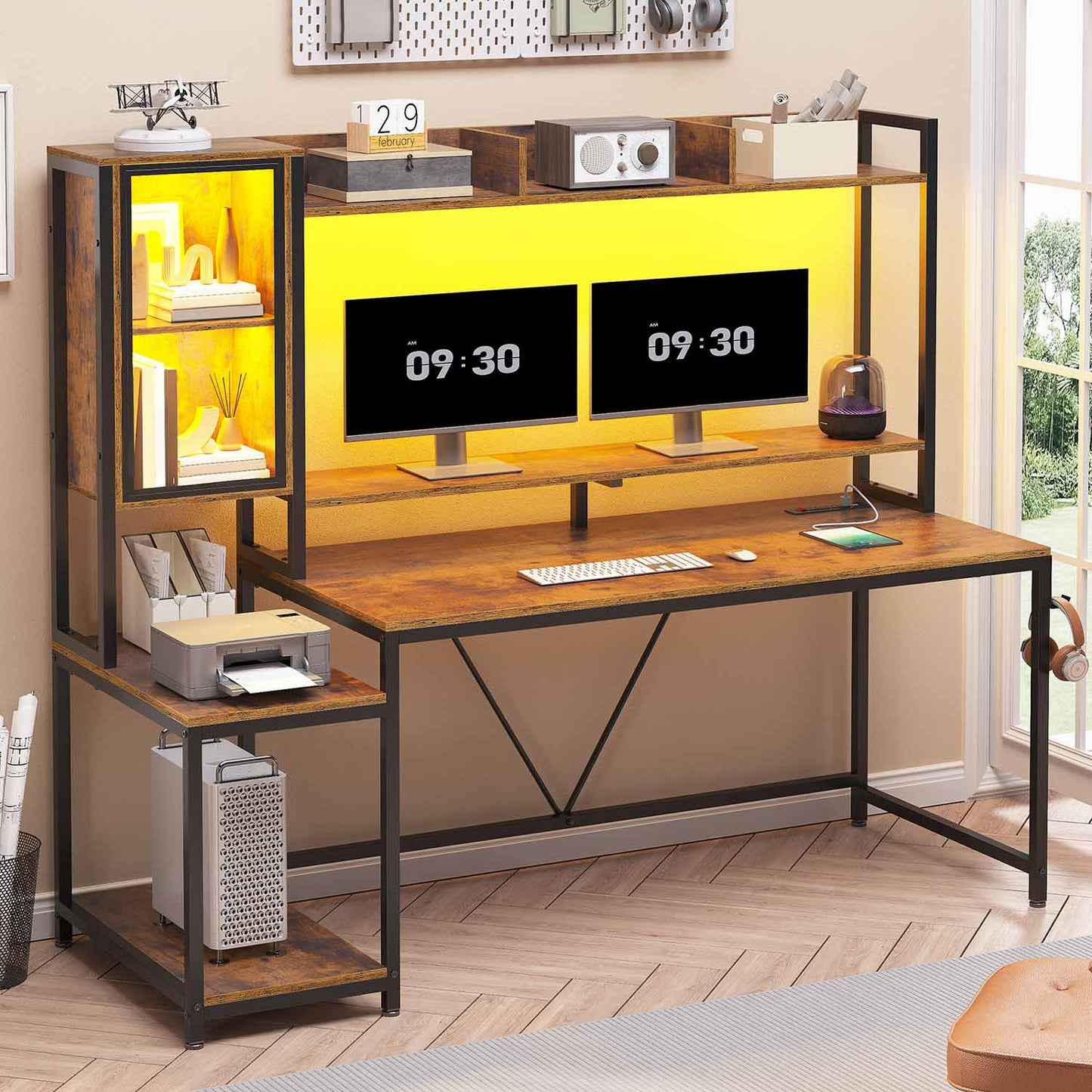 60 Inches LED Gaming Desk With Power Outlet Brown