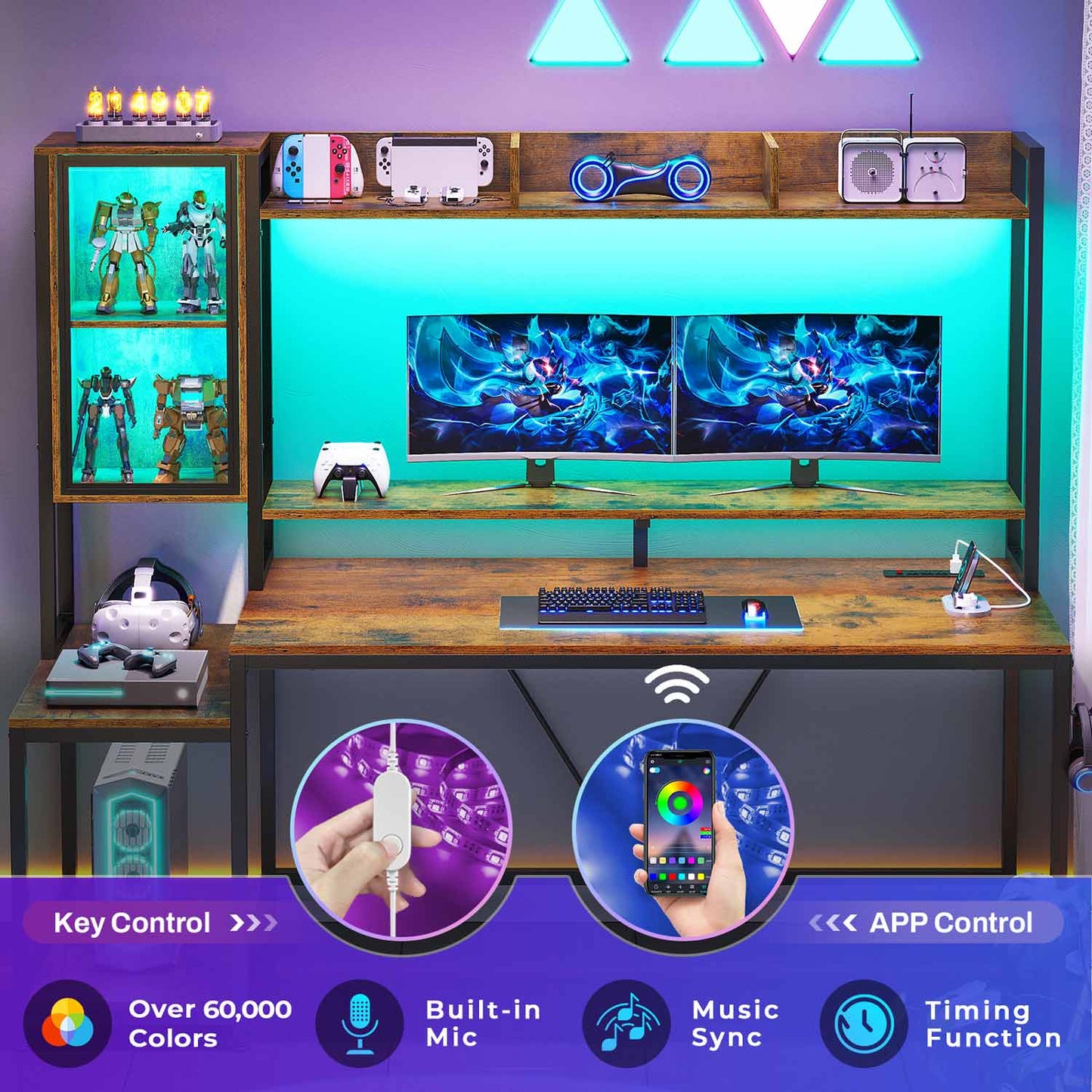 60 Inches LED Gaming Desk With Power Outlet Brown