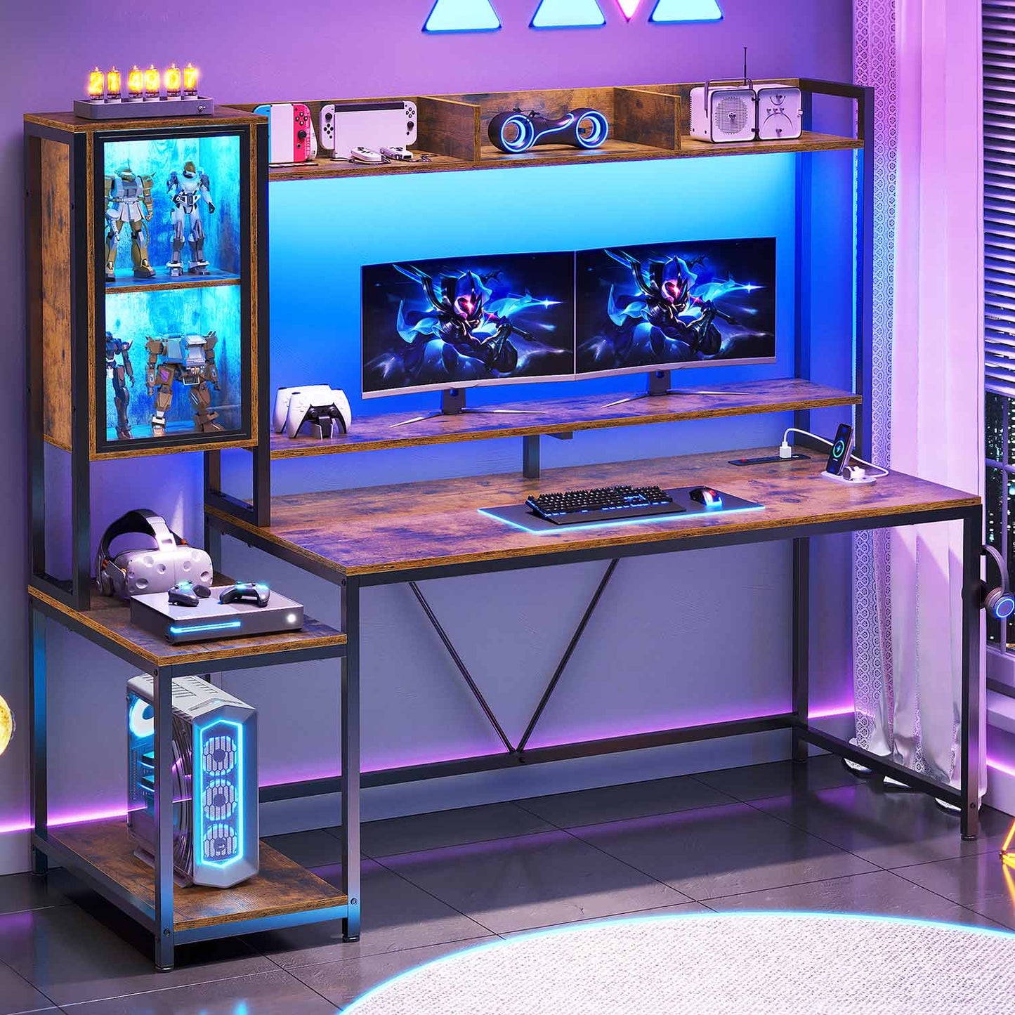 60 Inches LED Gaming Desk With Power Outlet Brown