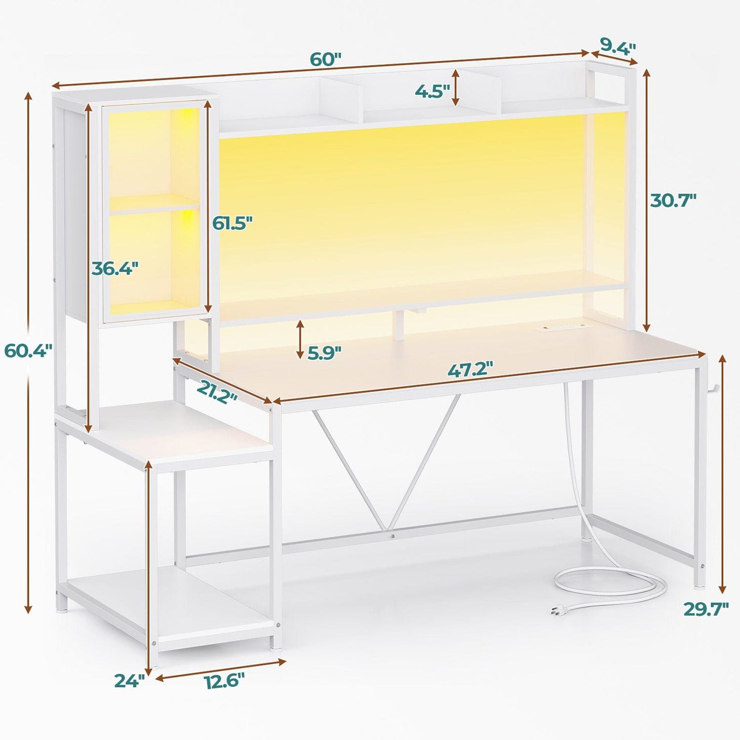 60 Inches LED Gaming Desk With Power Outlet White