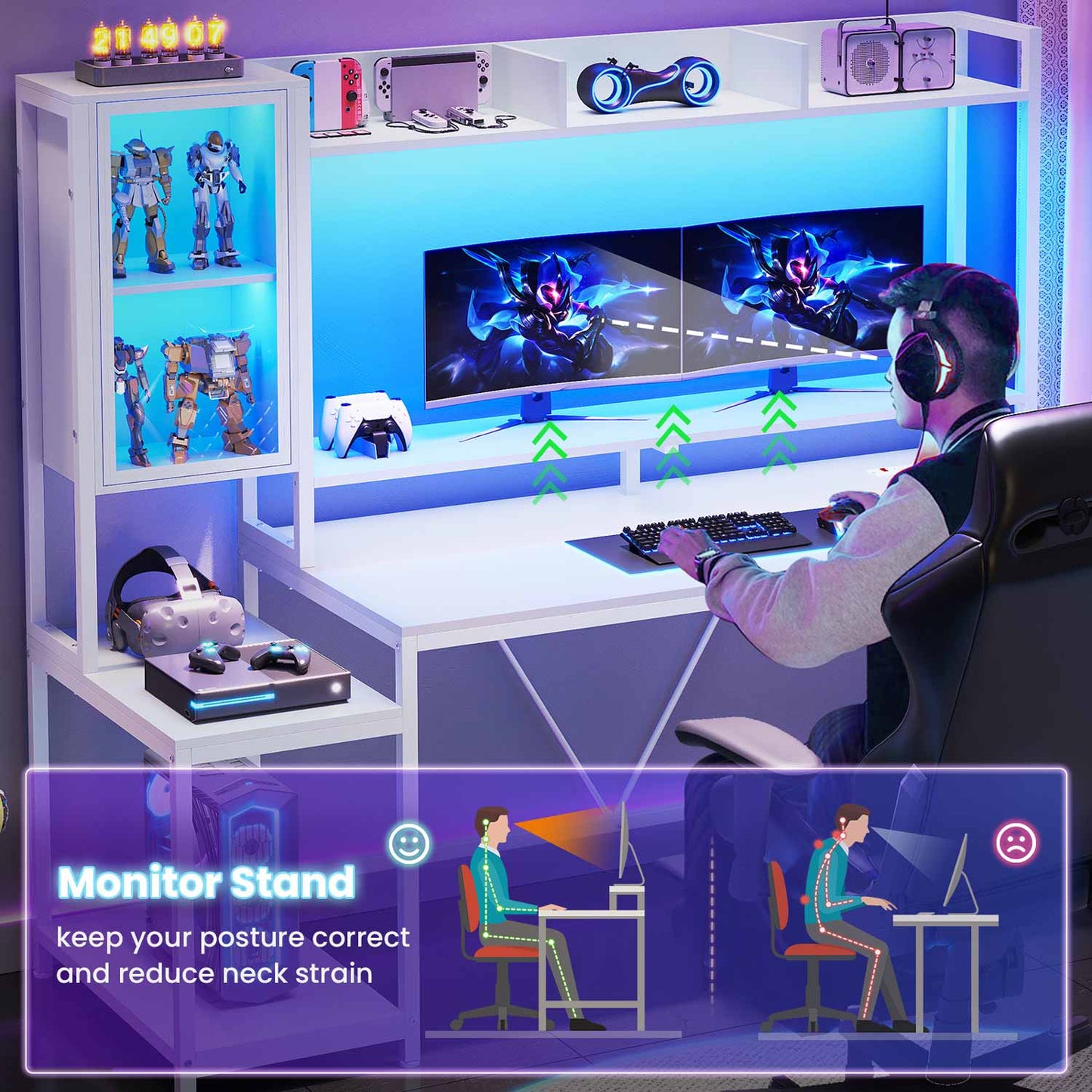 60 Inches LED Gaming Desk With Power Outlet White