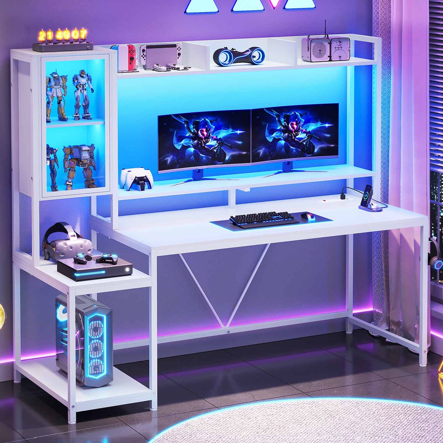 60 Inches LED Gaming Desk With Power Outlet White