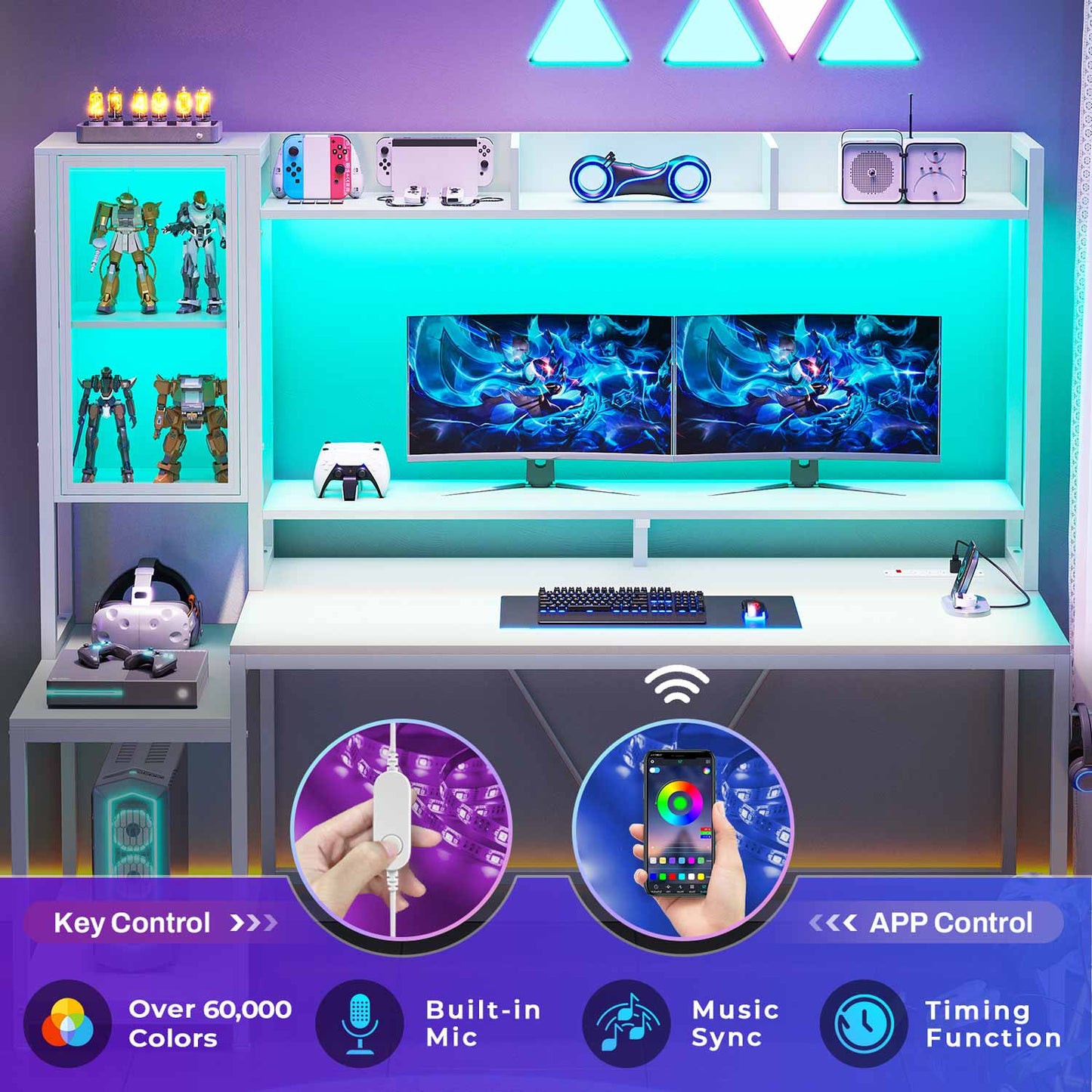 60 Inches LED Gaming Desk With Power Outlet White