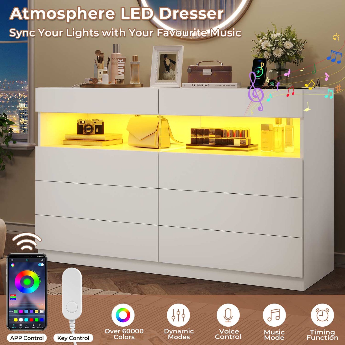 LED 6 Drawers Dresser with Charging Station White